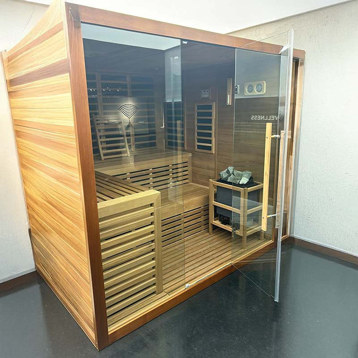 Advanced Artize Bio Sauna featuring touch-control panels, chromotherapy lighting, and lumbar backrest for enhanced relaxation.