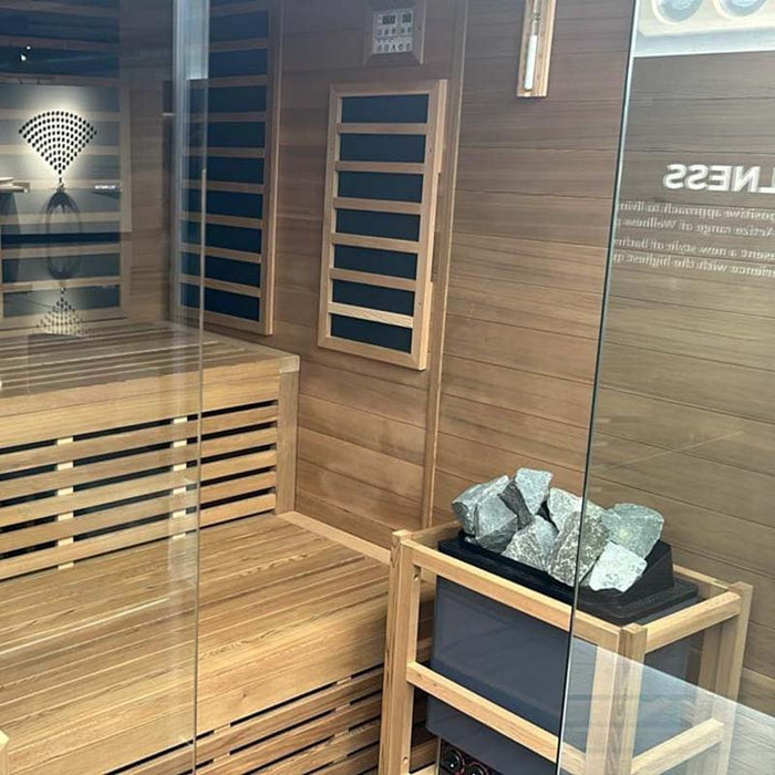 Glass-enclosed Artize Bio Sauna with a stylish cedarwood finish, blending luxury and functionality for a high-end home spa setup.