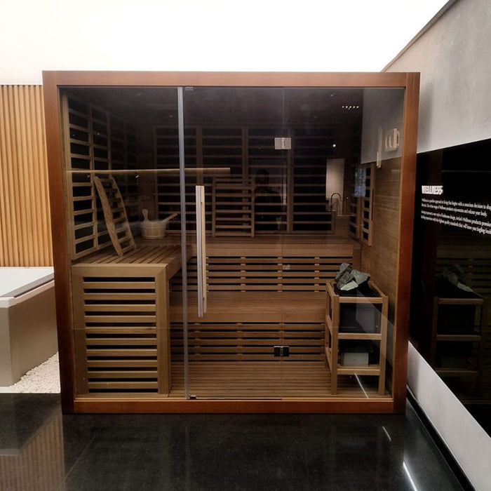 Luxury Artize Bio Sauna with glass panels and wooden benches, featuring an infrared and stove dual heating system for an ultimate wellness experience.