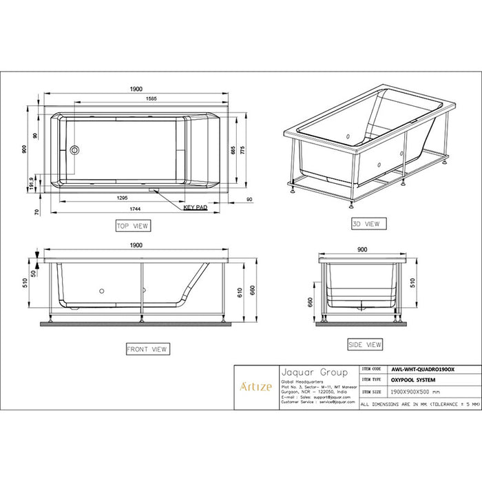 Technical drawing of Artize Quadro Oxypool showing dimensions and measurements.