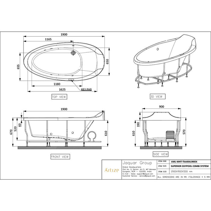 Technical drawing of Artize Oxypool with various dimensions.