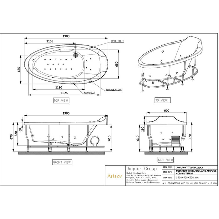 Technical drawing of the oval Tiaara Superior Whirlpool whirlpool from various angles.