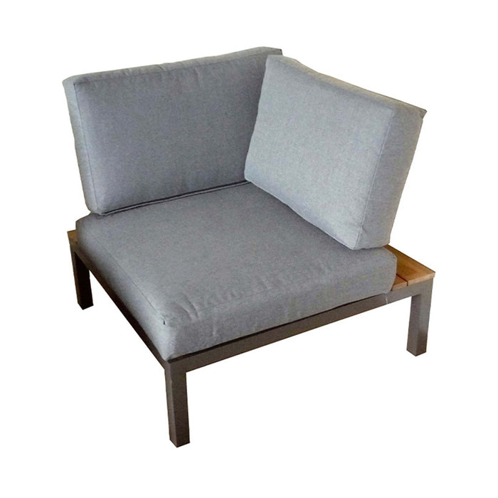 Corner chair from the Aspen 6 Seater Corner Lounge Set, featuring grey cushions and teak wood detailing for a comfortable and stylish seating option.