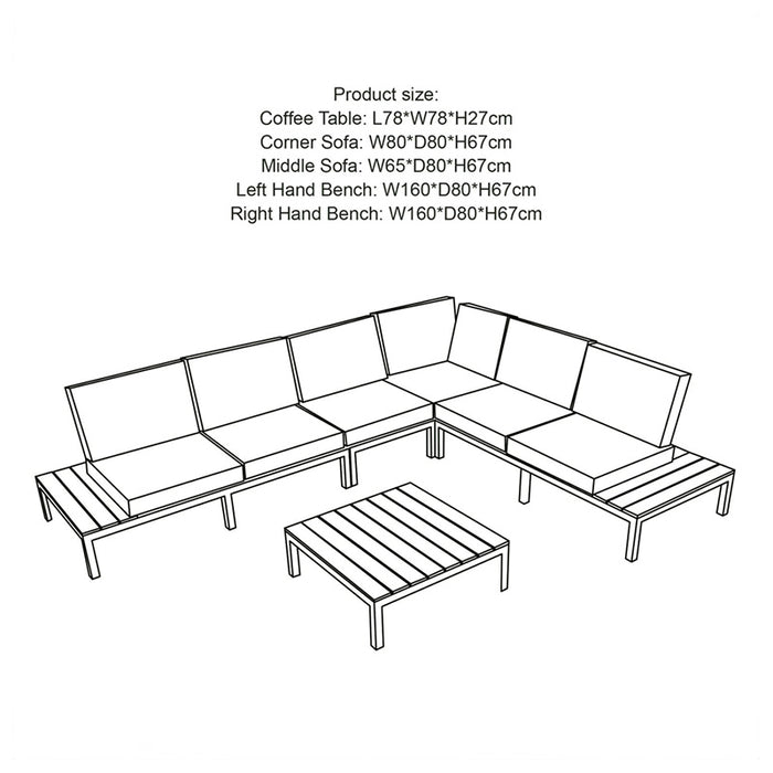 Dimensional drawing of the Aspen 6 Seater Corner Lounge Set, providing detailed measurements for each component, including the teak wood elements and seating areas.