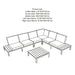 Dimensional drawing of the Aspen 6 Seater Corner Lounge Set, providing detailed measurements for each component, including the teak wood elements and seating areas.