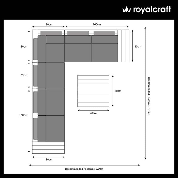 Floor plan of the Aspen 6 Seater Corner Lounge Set from Teak Wood, detailing dimensions and recommended footprint for an ideal outdoor setup.