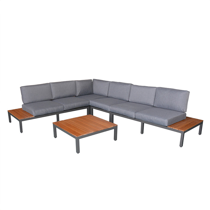 Front view of the Aspen 6 Seater Corner Lounge Set from Teak Wood, featuring grey cushions and integrated teak wood tables for a complete outdoor seating experience.