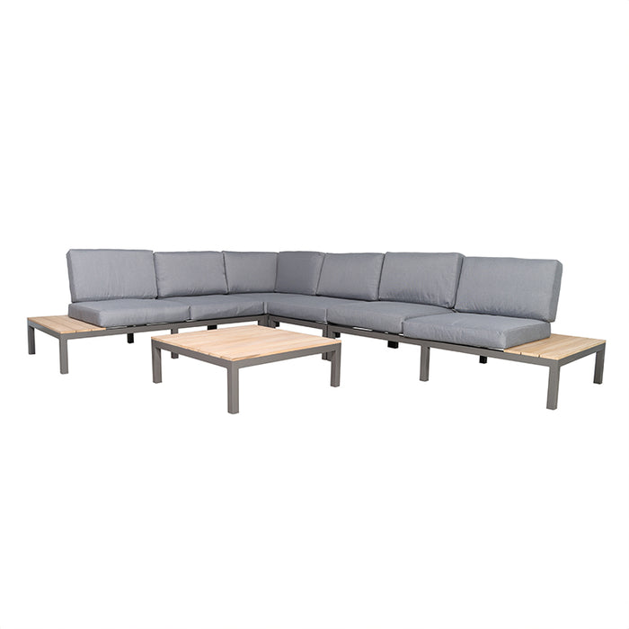 Aspen 6 Seater Corner Lounge Set with grey cushions and teak wood accents, offering modern outdoor seating and integrated side tables.