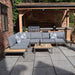 Teak Wood Aspen 6 Seater Corner Lounge Set with grey cushions, perfectly suited for a stylish garden setup and outdoor comfort.