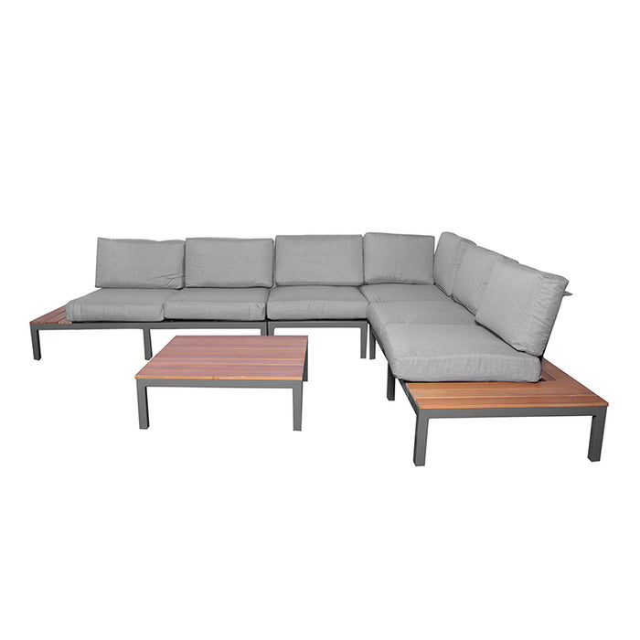 Left side view of the Aspen 6 Seater Corner Lounge Set from Teak Wood, showing the sleek teak wood elements and spacious seating arrangement with grey cushions.