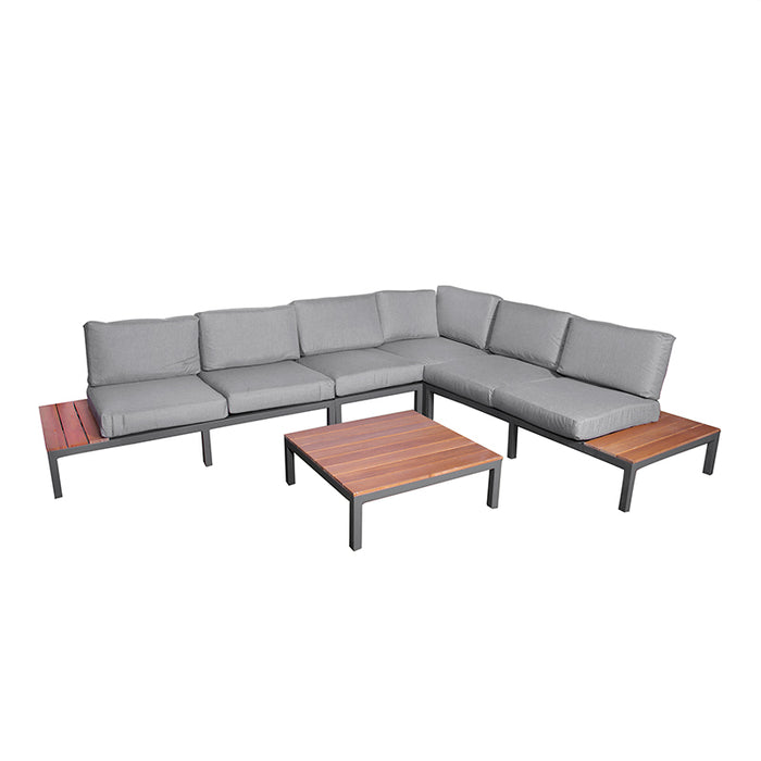 Main image of the Aspen 6 Seater Corner Lounge Set with teak wood detailing and grey cushions, offering a modern and comfortable solution for outdoor living spaces.