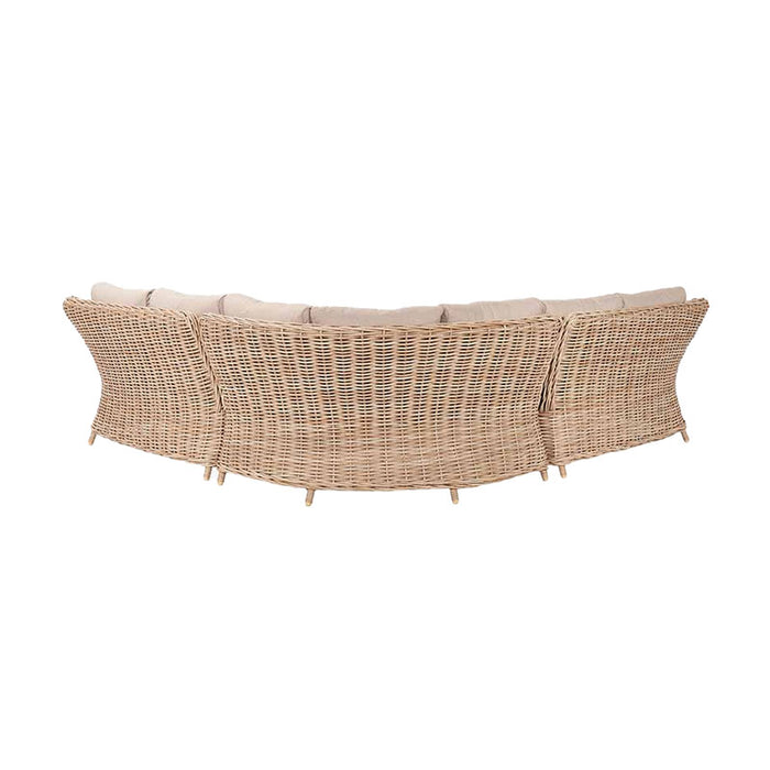 Back view of the Barakaldo Natural Antique Outdoor Corner Seating Set, featuring a detailed rattan weave and curved design, perfect for any outdoor space.