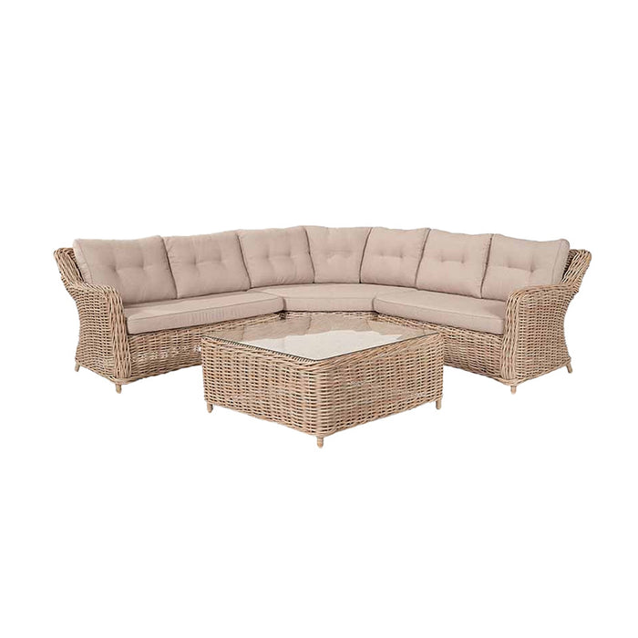 Barakaldo Natural Antique Corner Seating Set featuring beige cushions and a matching rattan coffee table with a glass top, offering a complete view of the set.