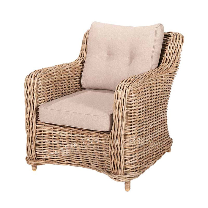 Barakaldo Natural Antique Outdoor Seating Set's rattan armchair with beige cushions, offering a cosy and stylish seating solution.