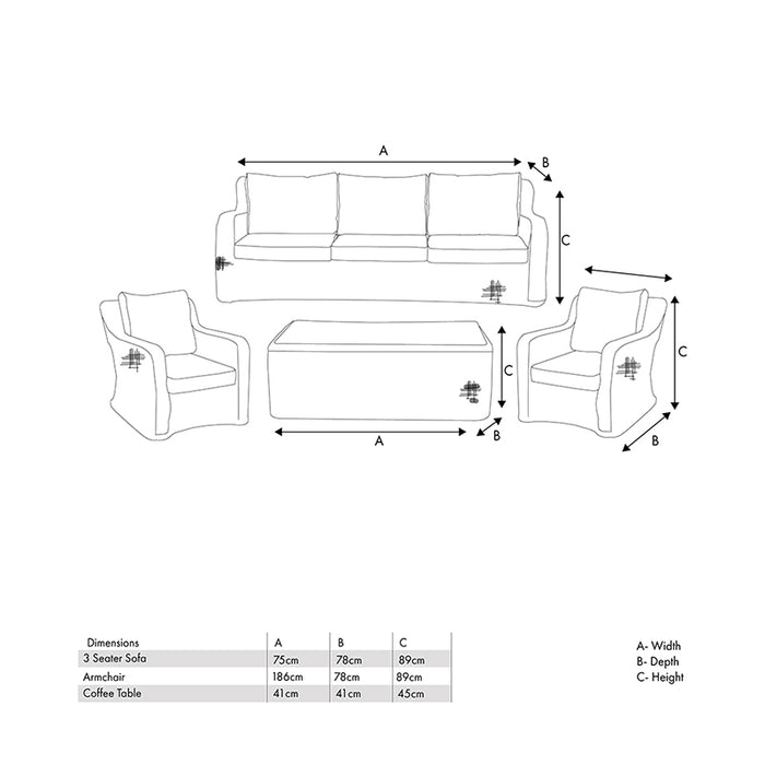 Dimension diagram for the Barakaldo Natural Antique Outdoor Seating Set, illustrating the measurements of the sofa, armchair, and coffee table.