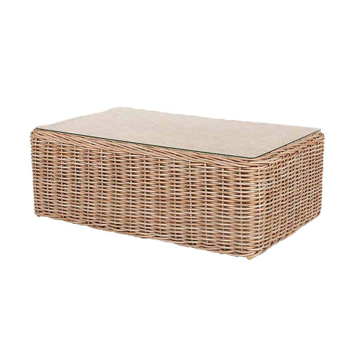 Barakaldo Natural Antique Outdoor Seating Set's rectangular coffee table with a glass top, featuring a sturdy rattan weave in a natural bamboo finish.