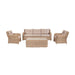 Barakaldo Natural Antique Outdoor Seating Set showcasing the full layout, including a rattan sofa, armchairs, and a coffee table, all with beige cushions.