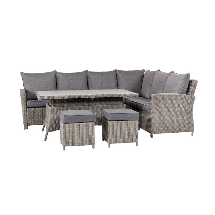 Front view of the Slate Grey Barbados Corner Set Long Left with Ceramic Top, displaying the spacious seating and modern design.