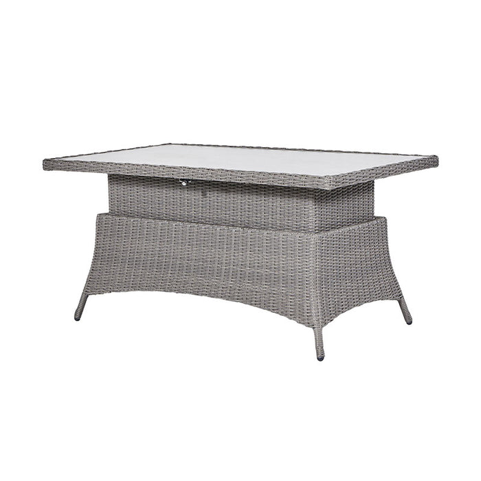 Close-up of the ceramic top table included in the Slate Grey Barbados Outdoor Corner Set Long Left , highlighting its adjustable height feature.