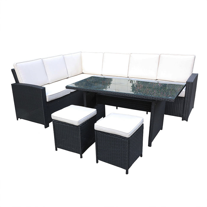 Front view of the Berlin 8 Seater Corner Dining Set in Black with a glass-top table, designed for contemporary dining with comfortable cream cushions.