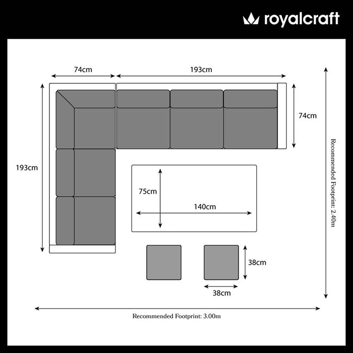 Floor plan of the Berlin 8 Seater Corner Dining Set in Black, detailing the dimensions and layout for an optimal dining arrangement in any space.