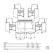 Diagram displaying the dimensions and arrangement of the Stone Grey Bermuda Cube Set with Ceramic Top, including chairs, table, and footstools.