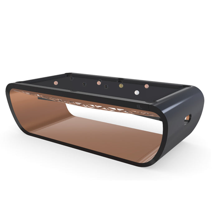 Matte black Billards Toulet Blacklight pool table with copper finish on the interior and detailing, displayed in a clean 3D rendering.