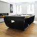 Matte black Billards Toulet Blacklight pool table with sleek curves and minimalist design, placed in a contemporary interior with wooden flooring and natural light.