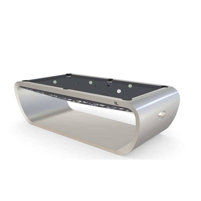 Sleek silver Billards Toulet Blacklight pool table with black felt in a high-end studio render showcasing its elegant curves and futuristic design.