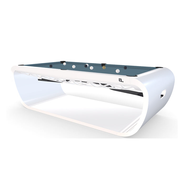 Gloss white Billards Toulet Blacklight pool table with blue felt shown in a minimal 3D rendering highlighting the modern shape and open frame.