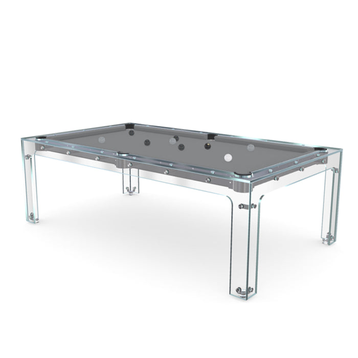Minimalist render of the Billards Toulet Carat Light transparent pool table with black felt and refined glass structure.