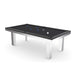 Rendered black billiards table with metallic frame, shown on a clean white background for detailed viewing.