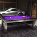 Luxurious garage setting with the Billards Toulet Lambert Competition Pool Table in bold purple cloth, placed beside a premium sports car for a high-end look.