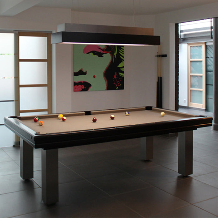Contemporary beige cloth pool table with clean lines, placed in a chic interior with modern artwork.