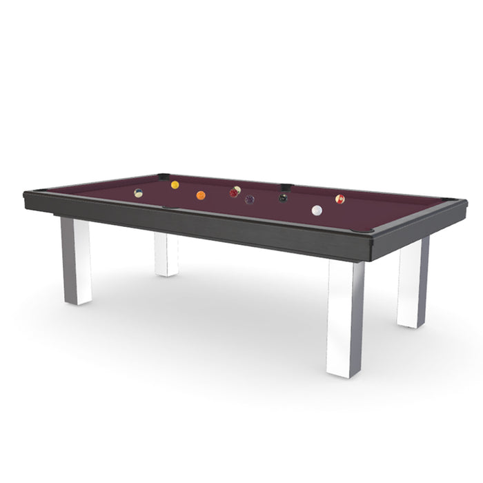 Rendered image of the Loft Design pool table in deep burgundy cloth and sleek white legs, against a white background.