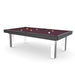 Rendered image of the Loft Design pool table in deep burgundy cloth and sleek white legs, against a white background.