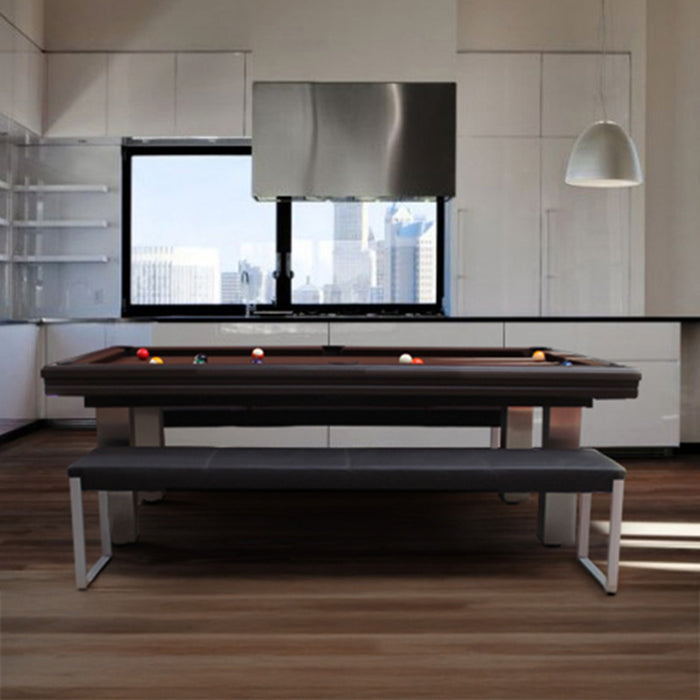 Luxury billiards table in a sleek city loft kitchen with skyline views, blending design with functionality.