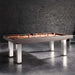 Luxurious taupe pool table in a chic industrial setting with matte black brick wall and modern accessories.