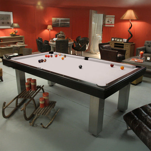 Elegant white billiards table in a rustic lounge with ambient lighting, showcasing classic and modern fusion.
