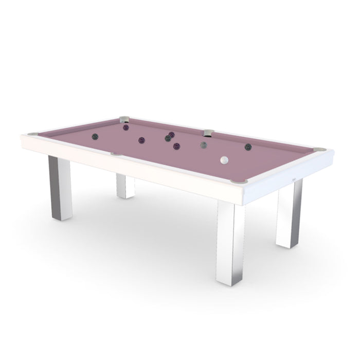Rendered white billiards table with mauve cloth and sleek chrome legs, showcasing a minimal and elegant design.