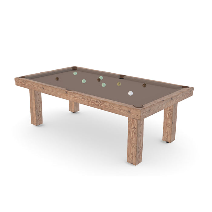 Minimalist 3D render of Billards Toulet Megeve pool table with taupe playing surface and solid wood legs on a clean white background.
