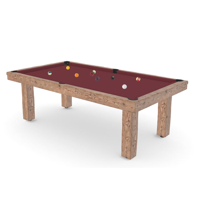 3D visual of Billards Toulet Megeve pool table in deep red cloth with matching solid wood frame and legs, displayed with racked balls.