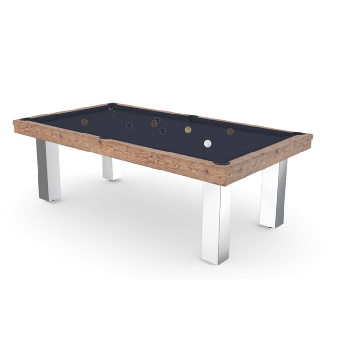 Billards Toulet Megeve modern pool table render with navy cloth and brushed chrome legs, combining sleek design with rustic charm.