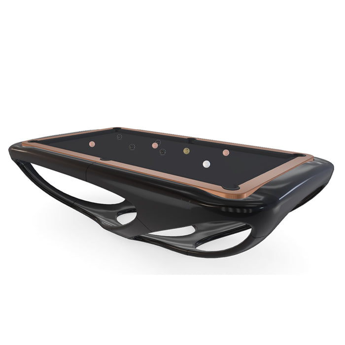 Sleek black Billards Toulet Whitelight pool table with copper trim and contemporary curves, presented in a high-end digital render for luxury game room concepts.