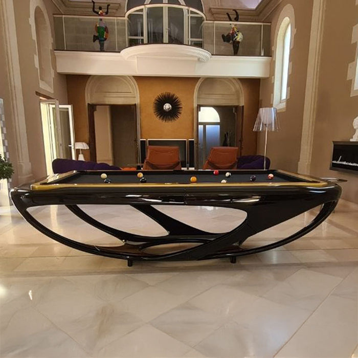 Chic black Billards Toulet Whitelight pool table in a luxurious high-ceiling room with elegant decor and architectural detailing, perfect for grand homes.