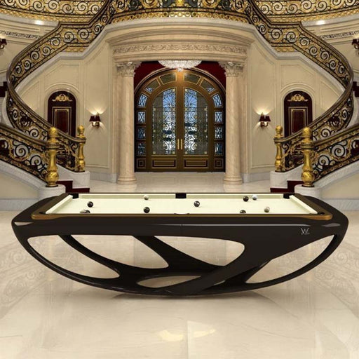Dark Billards Toulet Whitelight pool table with white playing surface displayed in a lavish palace interior with ornate staircase and regal detailing.