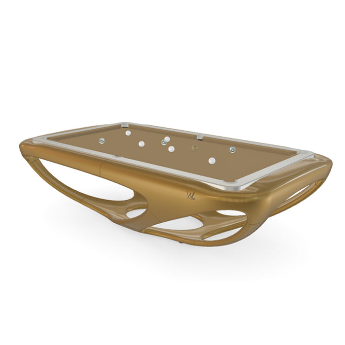 Rendered gold Billards Toulet Whitelight pool table with sleek white trim and brown playing field, blending opulence with avant-garde design.