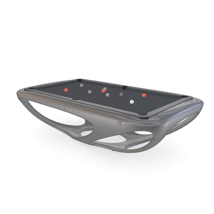 Futuristic grey Billards Toulet Whitelight pool table in studio rendering with smooth curves and minimalist detailing, ideal for sleek interior styling.