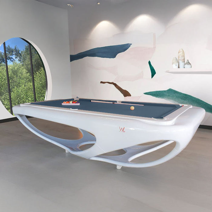 Sleek white Billards Toulet Whitelight designer pool table set in a contemporary room with abstract wall art and curved architecture, exuding artistic elegance.