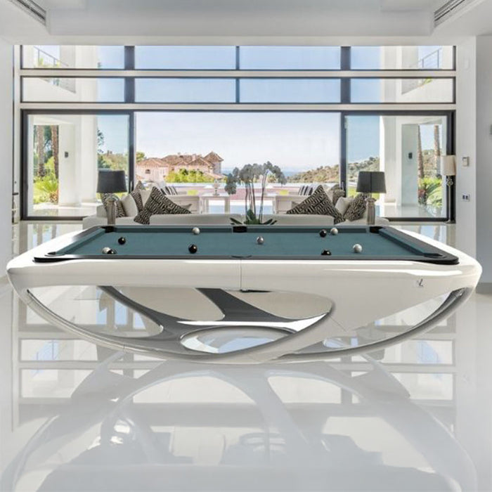 Bright white Billards Toulet Whitelight pool table placed in an airy, open-plan space with panoramic views and minimalist design, enhancing modern luxury.